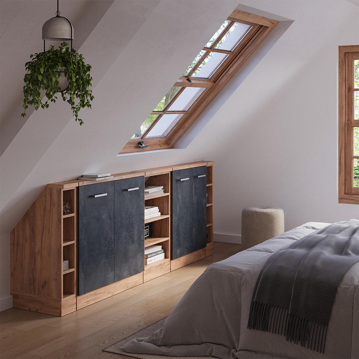 KUCHYŇSKÁ SKŘÍŇKA POD ŠIKMOU STŘECHU R-Line Černý beton/zlatý dub - medově dubová/černá, kompozitní dřevo (210/81.6/46cm) - Vicco