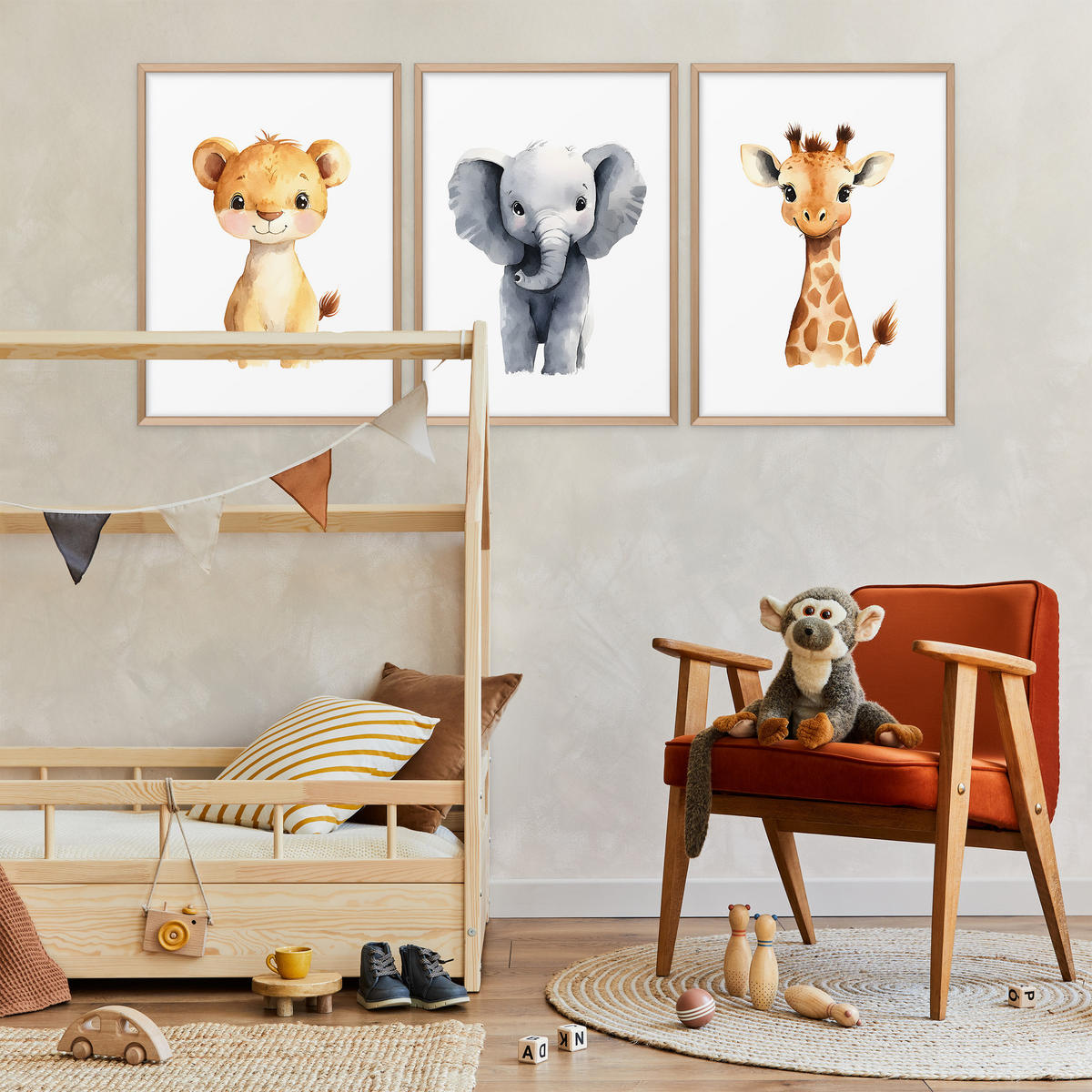 SADA PLAGÁTOV Do Detskej Izby DIVOKÉ ZVIERATÁ Lev Slon Žirafa 3x Plagát A4 21 x 30 cm - oranžová/žltá, papier (21/30/1cm) - Muralo