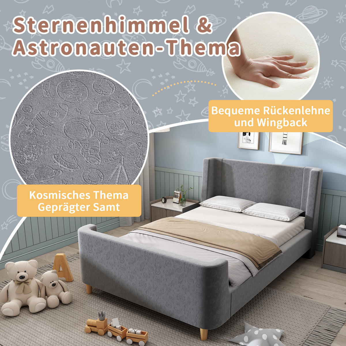 KINDEREINZELBETTEN aus Samt 90x200 cm in Grau mit Weltraummuster - Grau, Textil (90/200cm) - Modfu