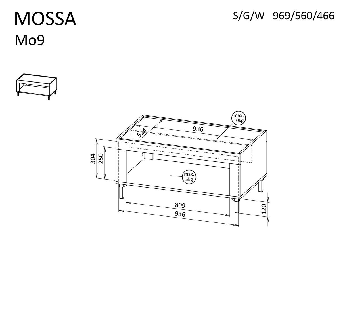 COUCHTISCH Mossa Weiß, mit Schwarz Beine - Schwarz/Weiß, Holzwerkstoff (56/97/47cm) - Bettso