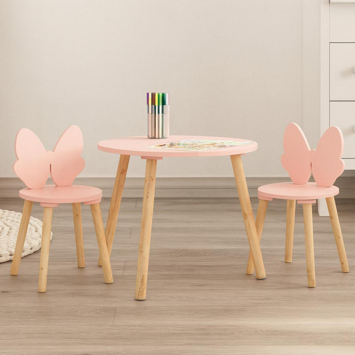 KINDERMÖBEL-SET mit rosa Schleife: Tisch + 2 Stühle 50/47,5/50 cm - Rosa, Holzwerkstoff (47.5/50/50cm) - Home Styling Collection