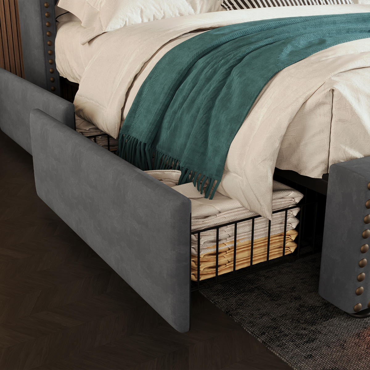 POLSTERBETT 140/200 cm DE-00747, in Grau, LED und 4 Schubladen - Grau, Metall (140/200cm) - ComfortXL