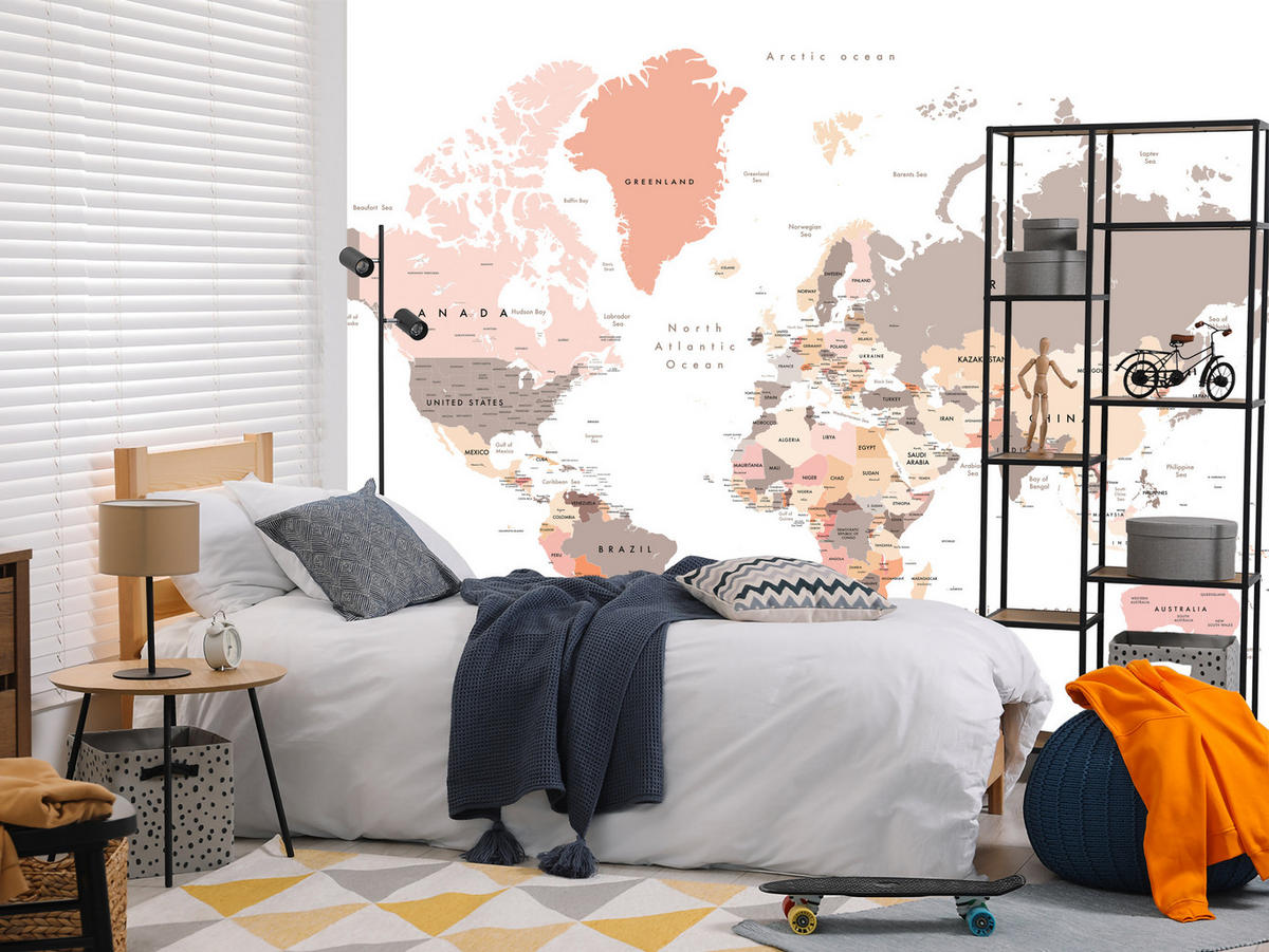 FOTOTAPETE für Büro Pastell Weltkarte Kontinente Ozean Länder 450x315 - Beige/Schwarz, Papier (450/315cm) - Muralo