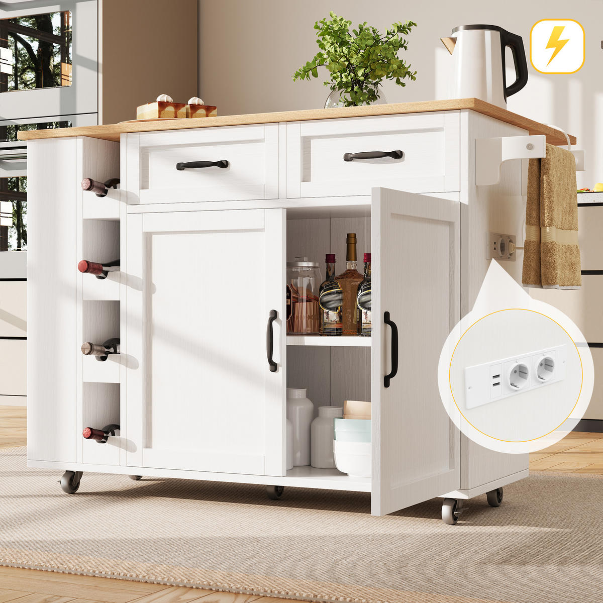 KÜCHENINSEL in Weiß und Naturfarben Servierwagen mit Schubladen für Küche und Esszimmer, B131.5/T43/H90.7 cm - Weiß/Naturfarben, Holzwerkstoff/Metall (131.5/90.7/43cm) - STILVORA