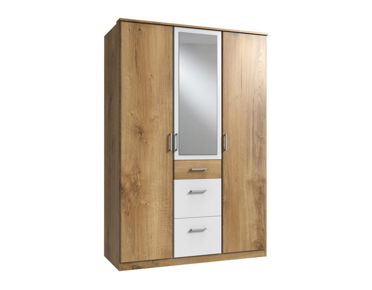 DREHTÜRENSCHRANK Click in Plankeneiche Weiß - 135 cm Breite mit Spiegel - Braun, Holzwerkstoff (135/199/58cm)