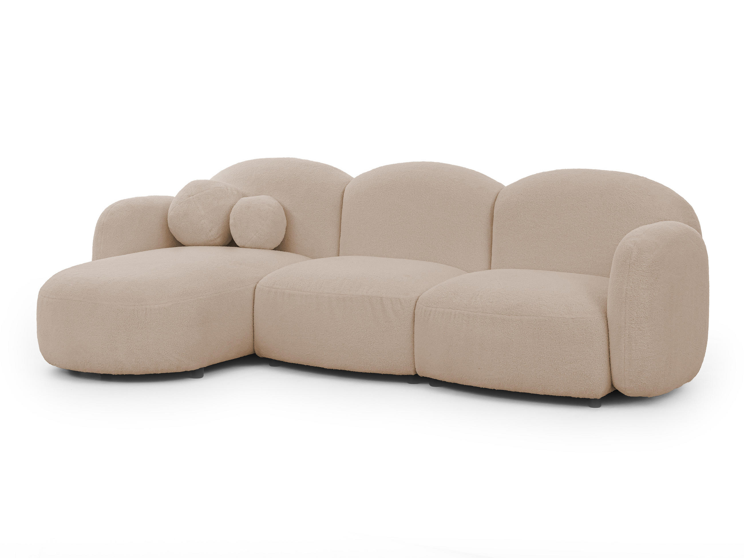 ECKSOFA Nuvola mit abgerundetem Design Hellbeige Bouclé-Stoff - Ottomane Links - Beige/Schwarz, Holz/Kunststoff (268/146cm) - S-Style Möbel