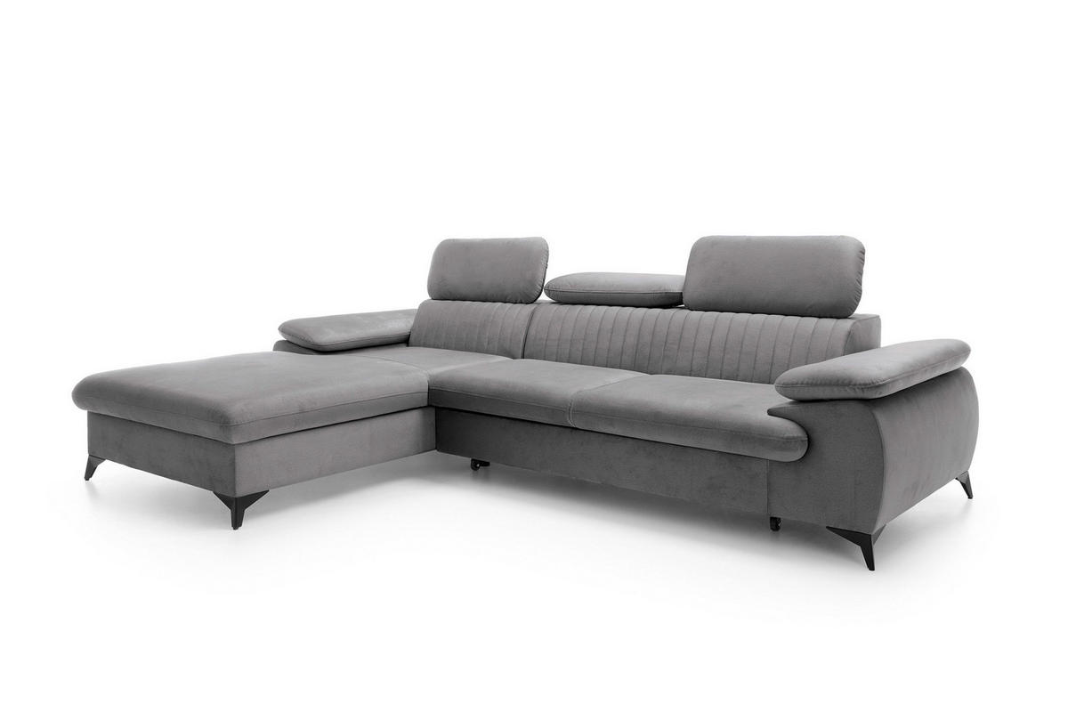ECKSOFA FIORE Grau Velours-Stoff mit Schlaffunktion - Grau, Holz (280/193cm) - MASSENO