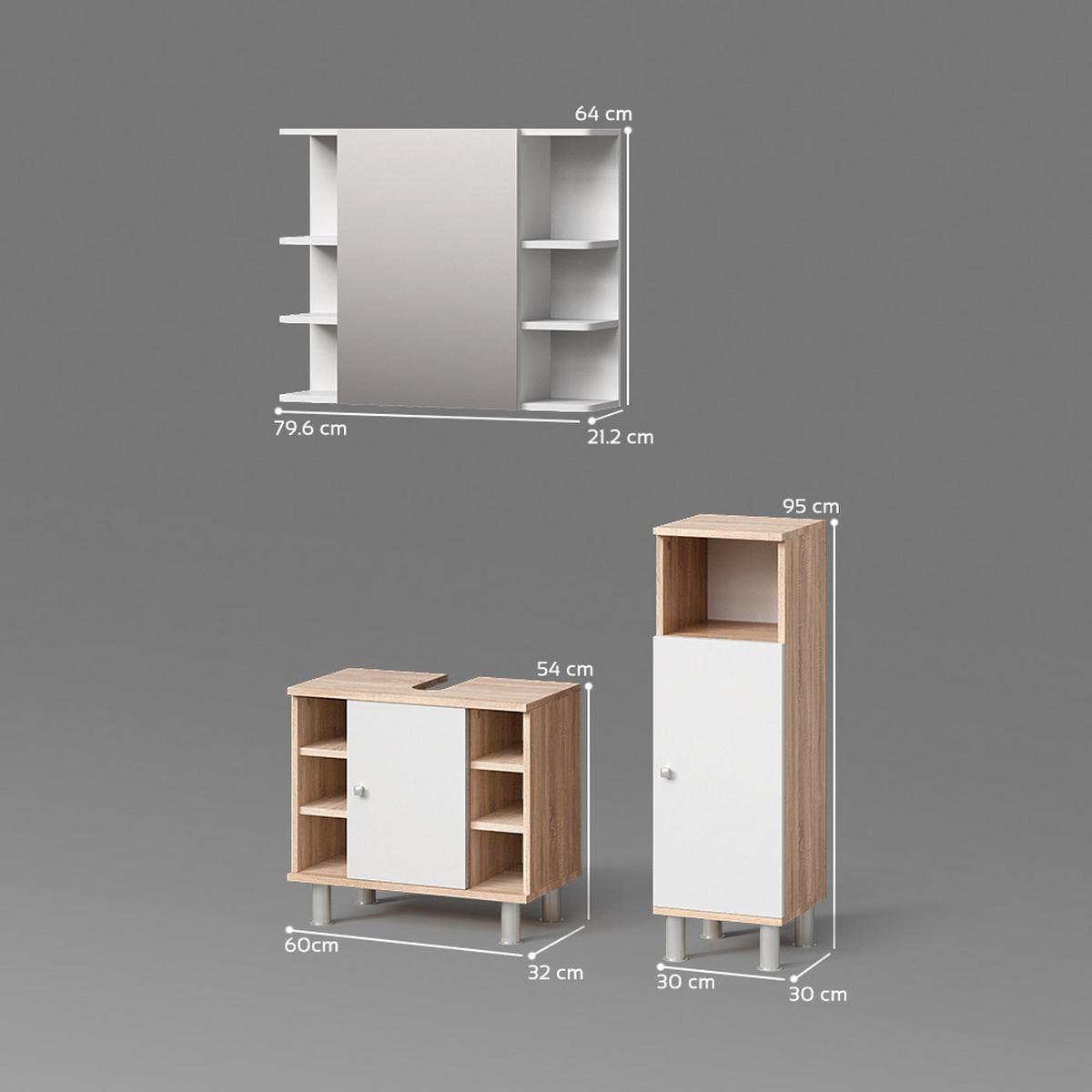 BADMÖBEL-SET Fucino Sonoma 3 Teile, mit Midischrank - Weiß/Sonoma Eiche, Holzwerkstoff (60/54/32cm) - Livinity®