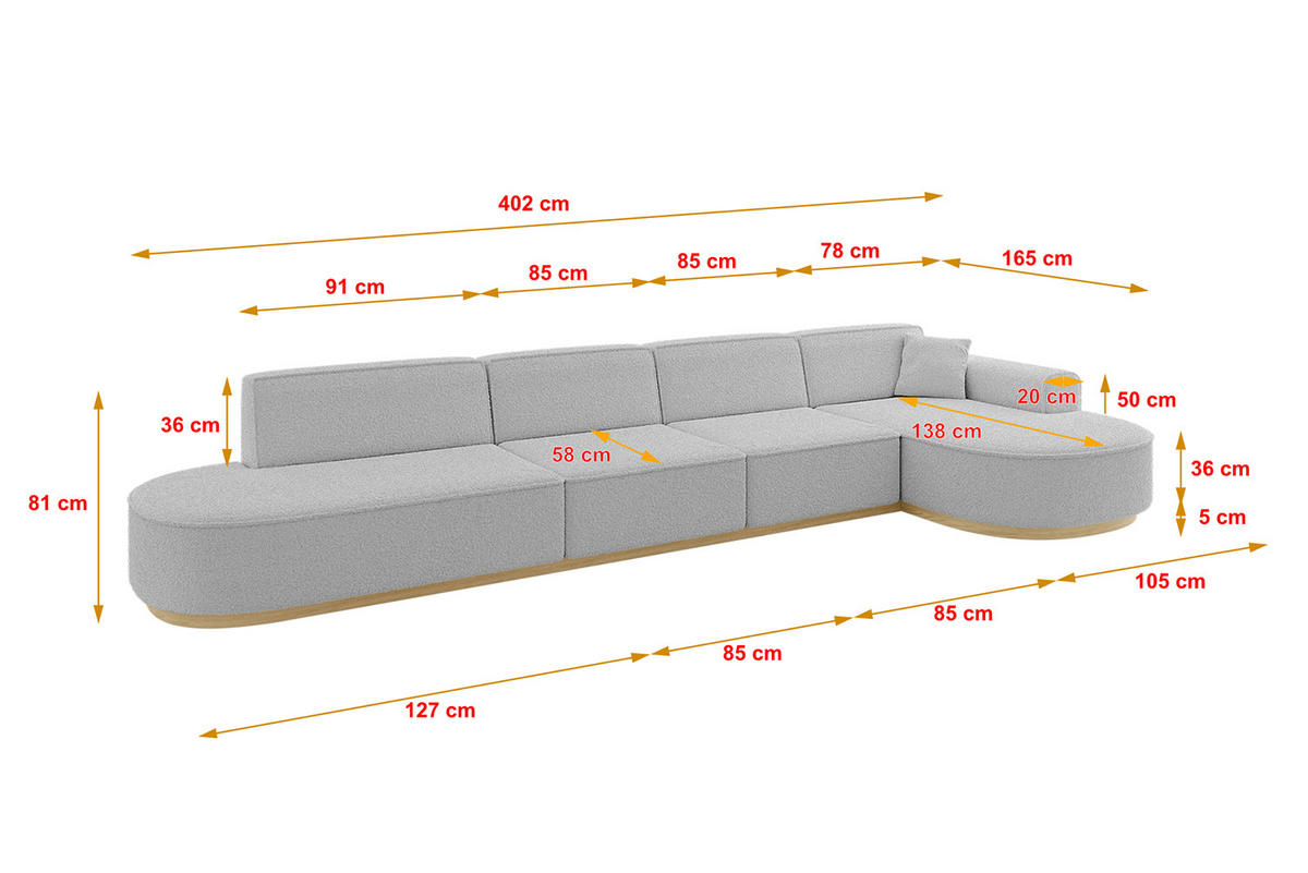 ECKSOFA Ottomane Rechts MARI-L3-v2 - 413x171x83 cm Hellgrau Bouclé - Hellgrau, Holzwerkstoff/Textil (171/413cm) - ALTDECOR