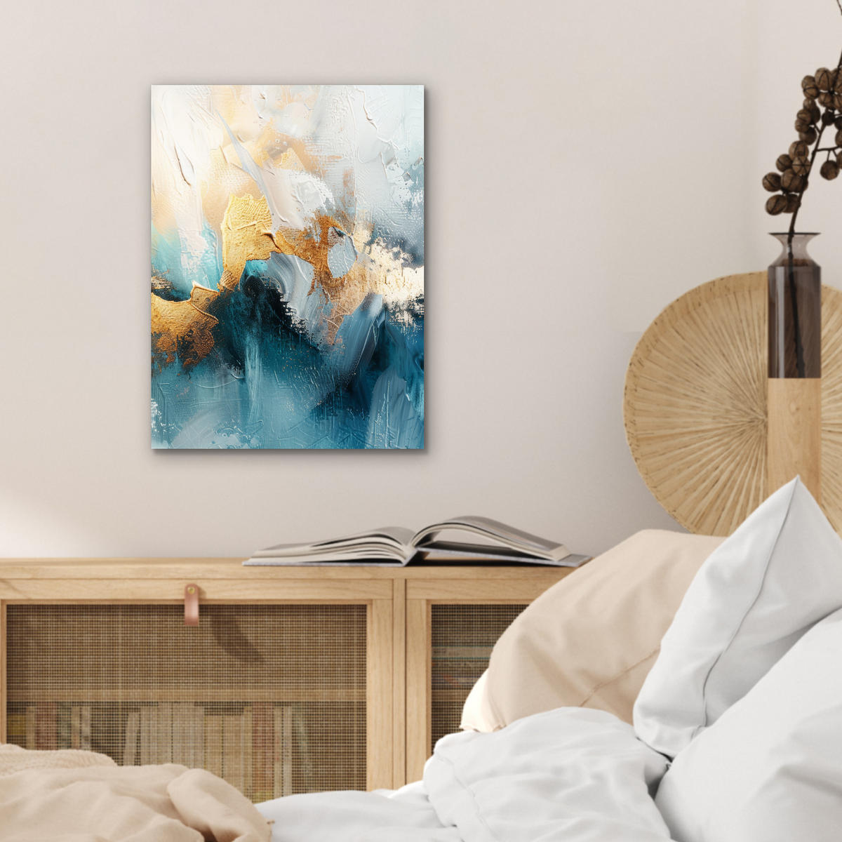 KOVOVÝ OBRAZ Abstraktné - umenie - zlaté - modré 30x40 cm - petrolejová, kov (30/40cm) - MuchoWow