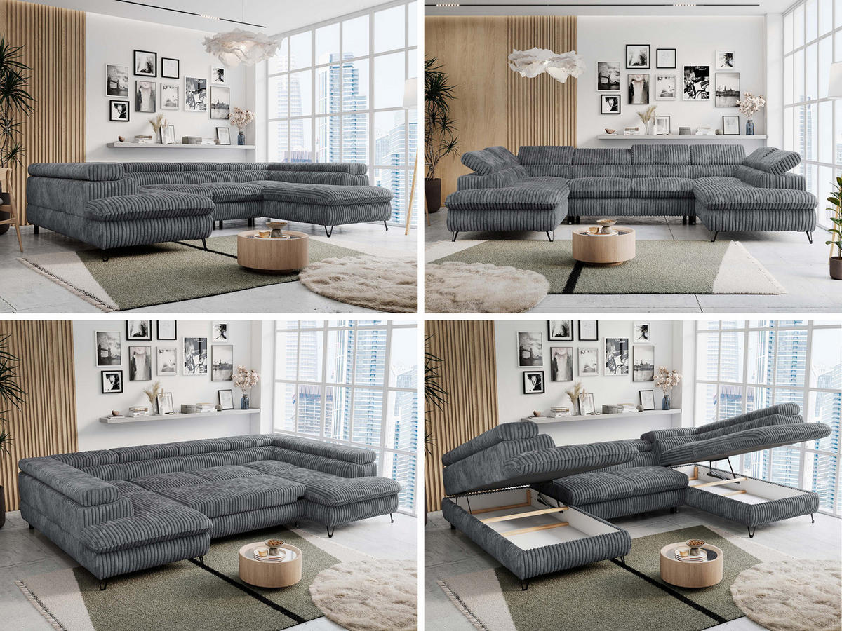 WOHNLANDSCHAFT PETER U Cord Dunkelgrau - Dunkelgrau/Schwarz, Textil/Metall (346/76/208cm) - MKS