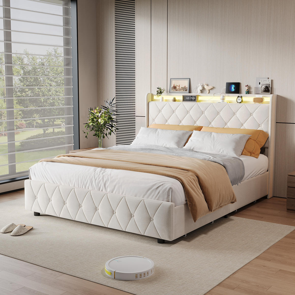 POLSTERBETT 140x200 cm LED USB 2 Schubladen Lattenrost beige - Beige, Holz (140/200cm) - LEBENLANG