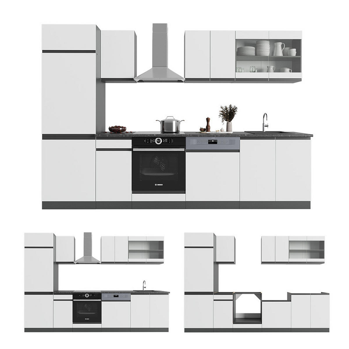 KÜCHENZEILE R-Line Weiß/Anthrazit 300 cm, AP Eiche - Anthrazit/Weiß, Holzwerkstoff (300/81.6/60cm) - Vicco