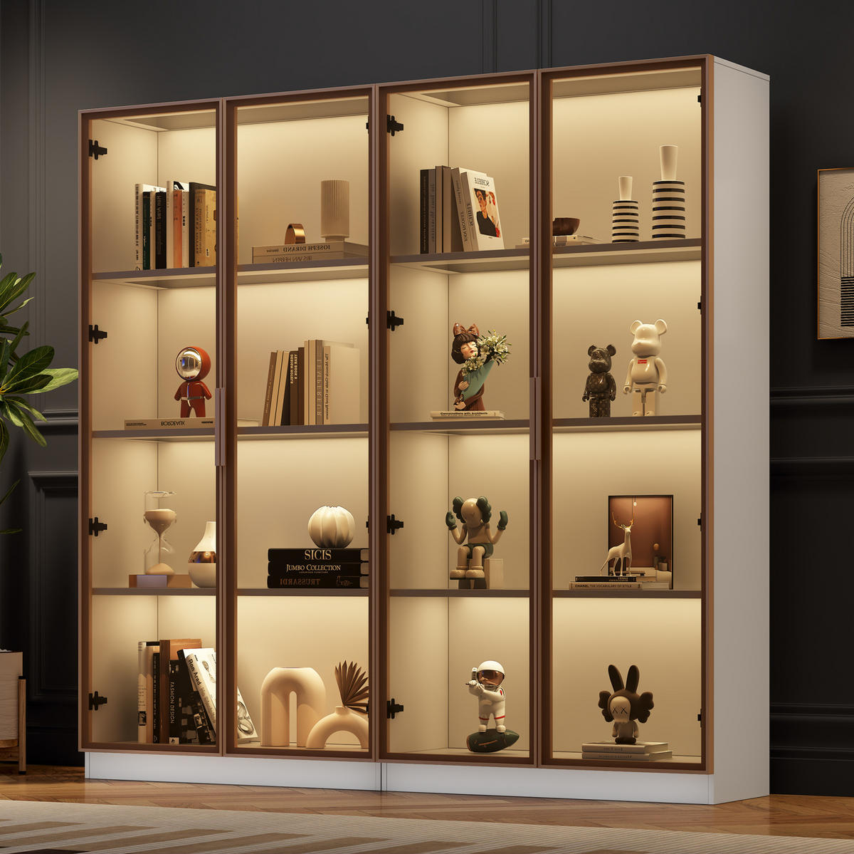 VITRINEN-SET 160/40/160 cm in Weiß mit LED-Beleuchtung und verstellbaren Böden - Weiß, Holzwerkstoff (160/160/40cm) - Flora Grace