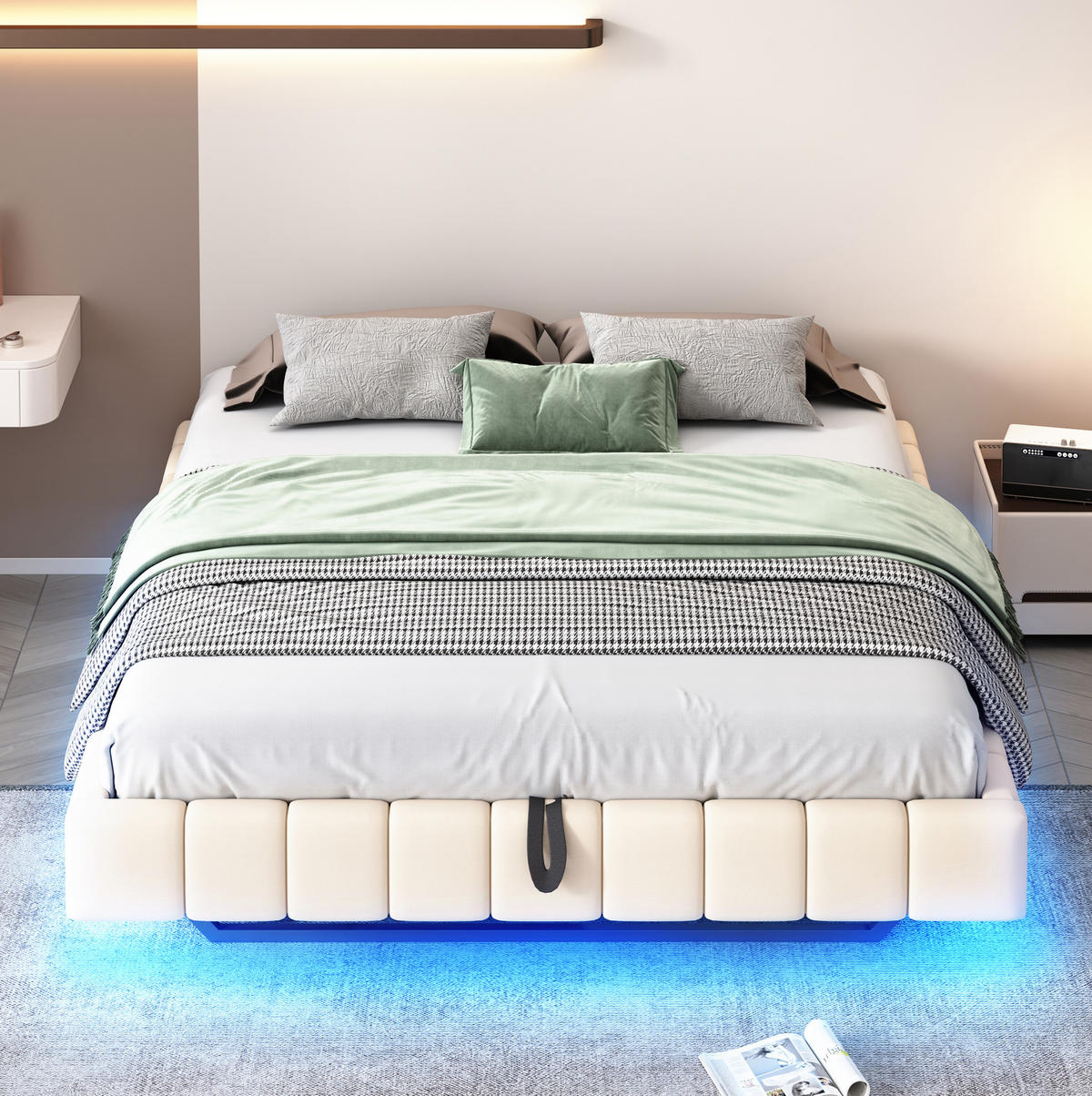 POLSTERBETT mit Bettkasten 160/200 cm mit LED-Beleuchtung, schwebende Optik - Beige, Textil (160/200cm) - BEAOK