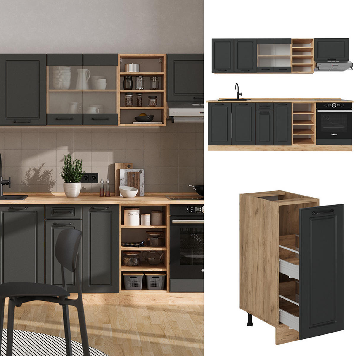 KÜCHENZEILE R-Line Anthrazit Landhaus/Goldkraft Eiche 240 cm , AP Marmor - Dunkelgrau/Anthrazit, Holzwerkstoff (240/81.6/60cm) - Vicco
