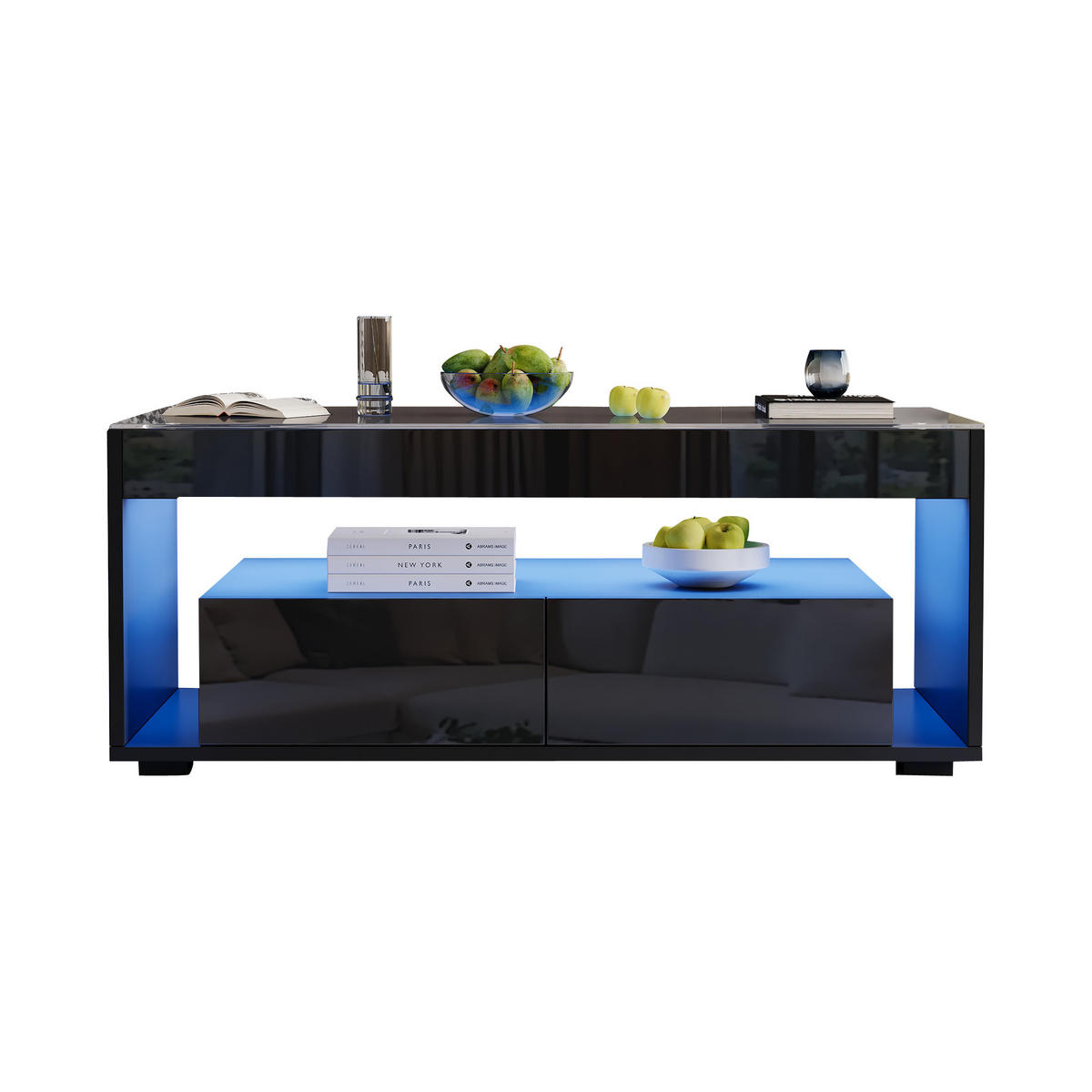 COUCHTISCH, LED‑Beleuchtung, Hochglanz‑Fronten, gehärtete Glasplatte, 100/50/40 cm, Schwarz - Schwarz, Holzwerkstoff (100/50/40cm) - Redom