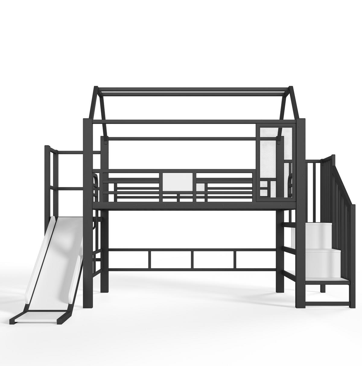 HOCHBETT aus Metall und MDF 90x200 cm Schwarz mit Rutsche, Stauraumtreppe und Bluetooth-LED - Schwarz, Holzwerkstoff (90/200cm) - IVMEU