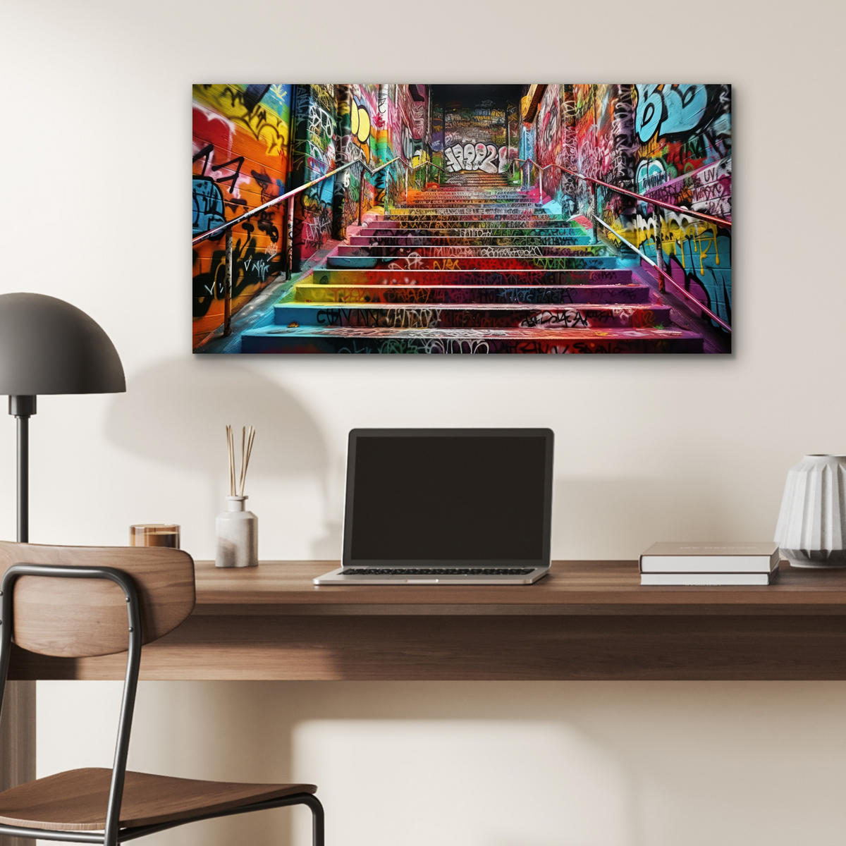 KOVOVÝ OBRAZ Schody - Graffiti - Farby - Umenie 80x40 cm - viacfarebná, kov (80/40cm) - MuchoWow