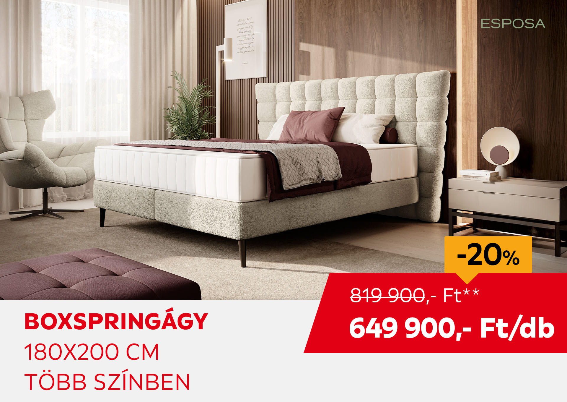 BOXSPRINGÁGY 180X200 CM Kiemelt termék 819900 Ft.- helyett 649900 Ft.-