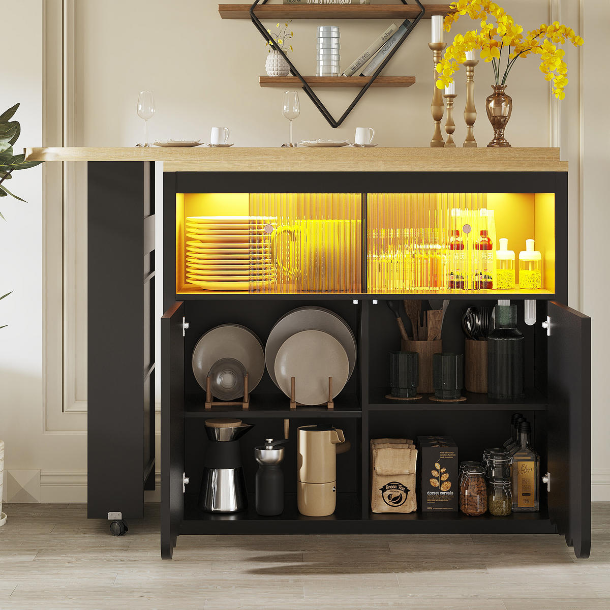 BARTISCH Ausziehbar 135-205cm LED Stauraum Schwarz - Schwarz, Glas (39/135/100cm) - FLIEKS