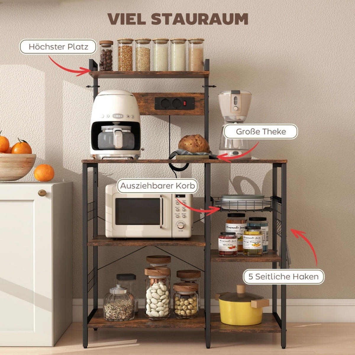 KÜCHENREGAL 90x42x130cm Braun mit verstellbarem Regal, Drahtkorb & Haken - Braun, Holz (90/130/42cm) - Modfu