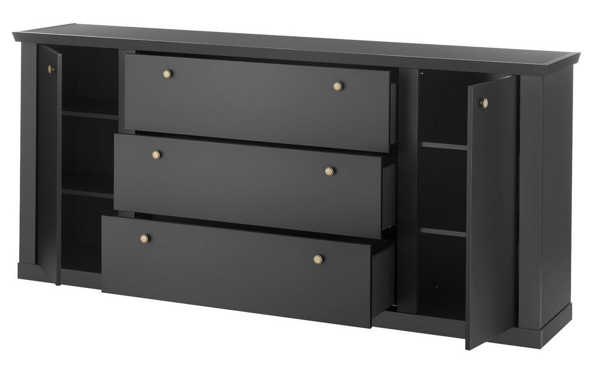 SIDEBOARD schwarz matt, Eiche Landhaus 205 cm, Kommode mit Soft-Close - Eichefarben/Messingfarben, Holzwerkstoff/Metall (205/92/42cm) - Furn.Design