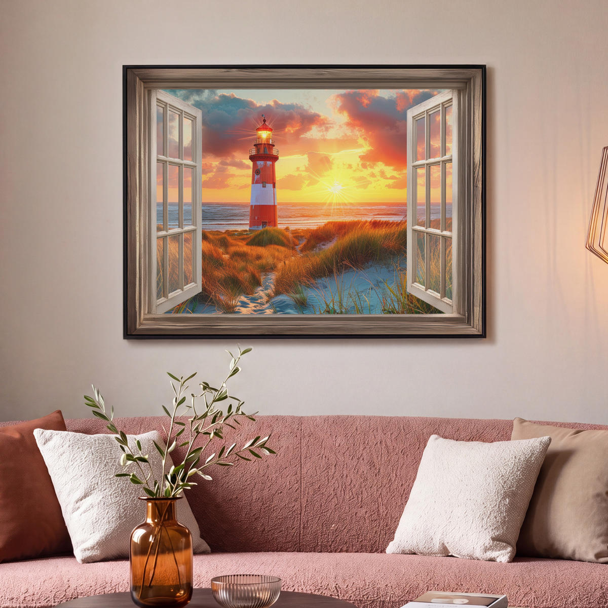 LEINWAND Bilder mit Rahmen - Aussicht - Fenster - Leuchtturm - Sonnenuntergang - Strand - 100x70 - Dunkelorange, Textil (100/70cm) - MuchoWow