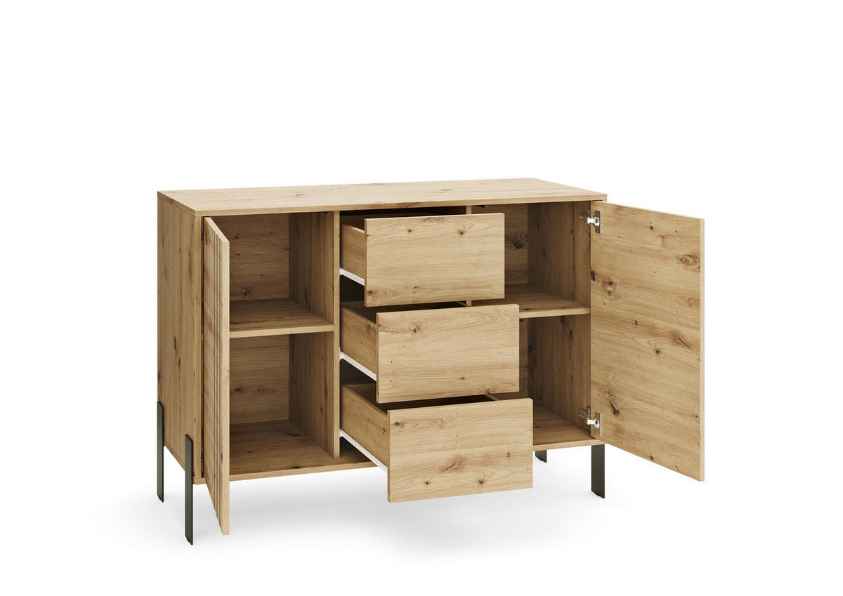 KOMMODE VALOZA 120/87/40cm mit 3 Schubladen 2 Türen Eiche Artisan - Eiche Artisan, Holzwerkstoff (120/87/40cm) - MASSENO