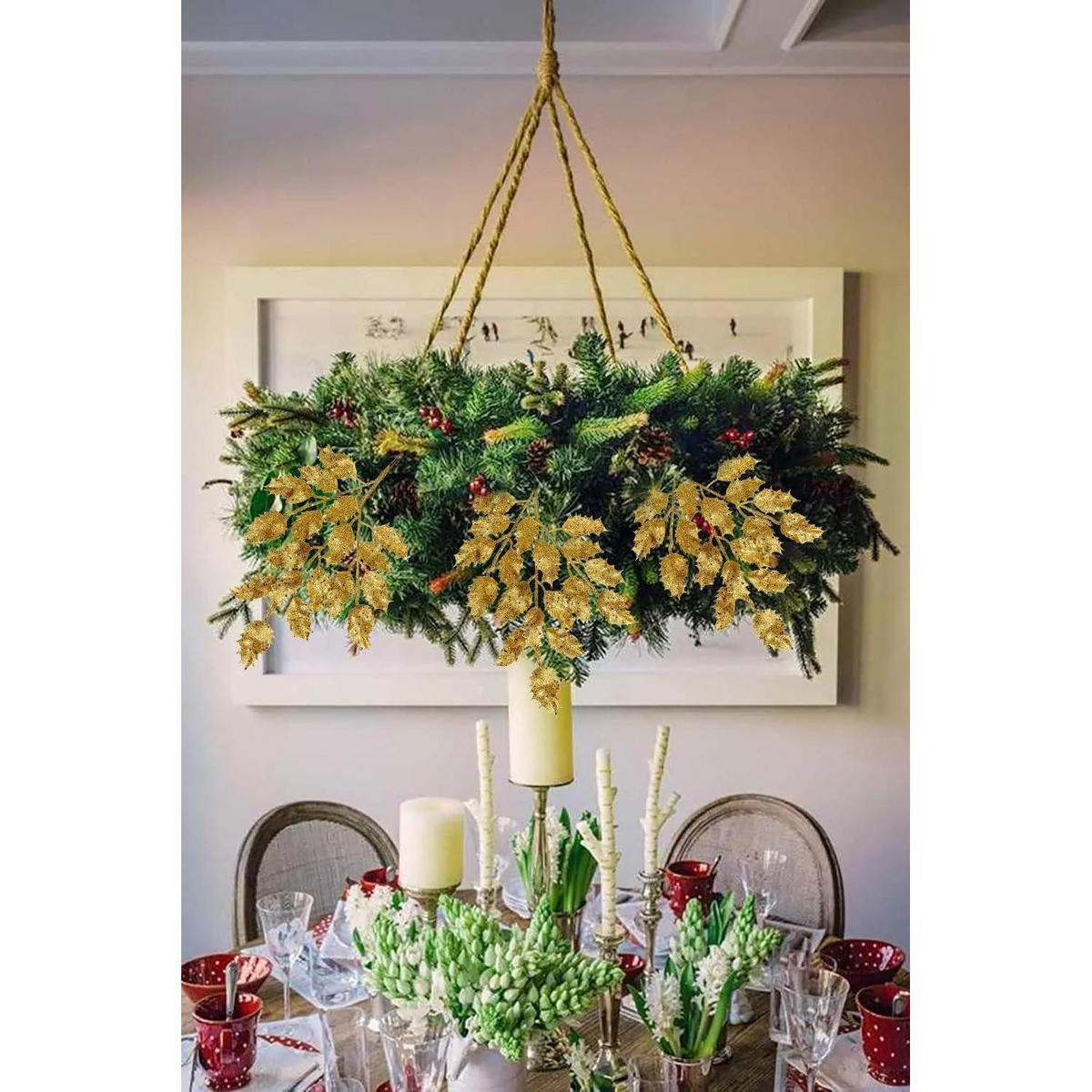 KUNSTZWEIG 6-teiliges Set Glitzernde Eichenblätter 58 cm Gold - Goldfarben, Kunststoff (58.4cm)