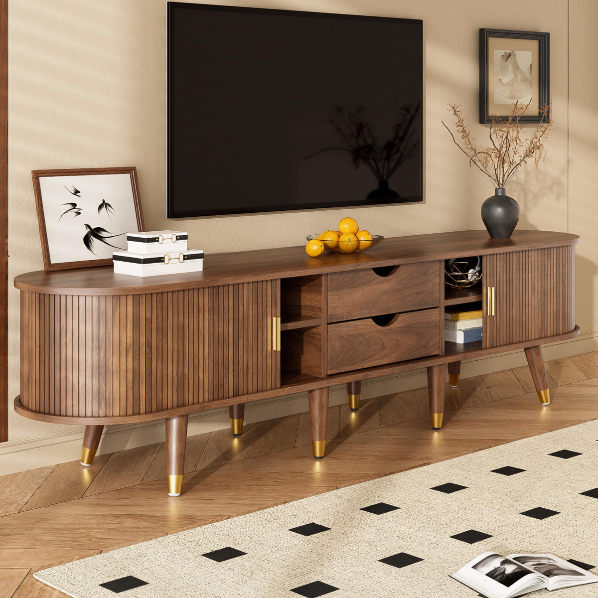 TV Lowboard 175 cm, Nussbaumoptik, Rattan-Schiebetür, Stauraum - Braun, Holz (175/45/38cm)