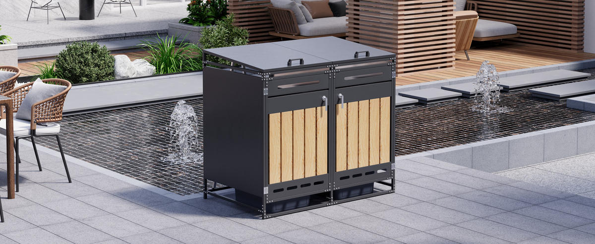 MÜLLTONNENBOX Hydraulik Deckel Holzoptik Schloss - Schwarz, Metall (131/116/79cm) - LEBENLANG