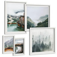 BILDER SET 5er Set - 50x50 cm & 20x30 cm & 40x60 cm Weißer Rahmen - Berge, See, Boot, Nebel, Strand - Weiß, Kunststoff (40/60cm) - TULUP