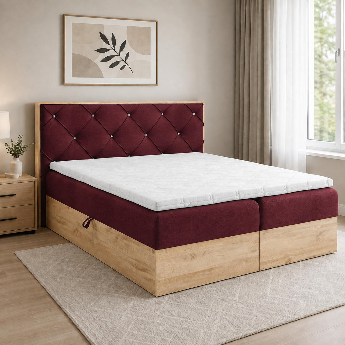 BOXBETT Holzoptik Sonoma Eiche mit Topper 120x200 cm Burgunderrot - Rot, Textil (120/200cm) - Home Collective