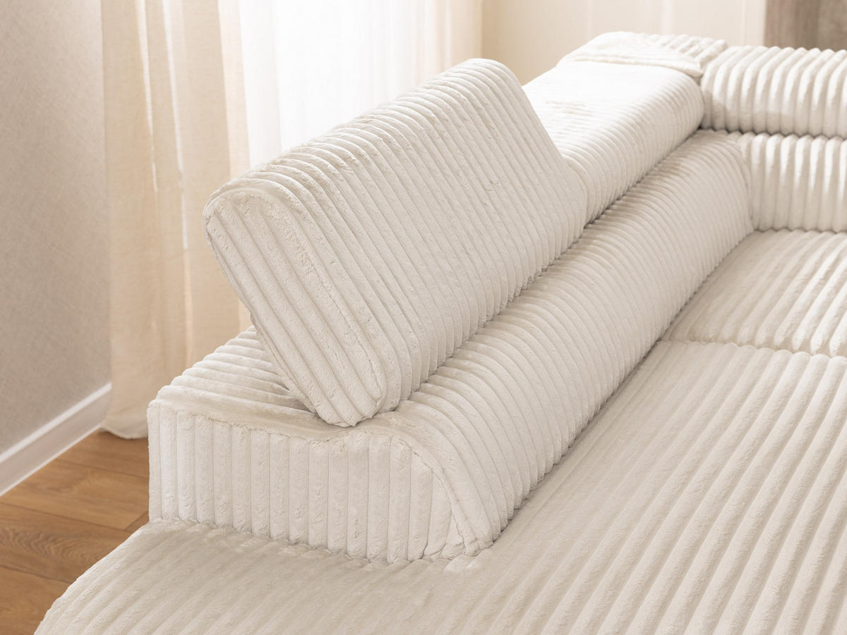 ECKSOFA mit Schlaffunktion und Bettkasten Bonnie aus Creme Cord-Stoff mit verstellbaren Kopfstützen und Armlehne - Ottomane links - Creme/Schwarz, Holz/Textil (275/210cm) - S-Style Möbel