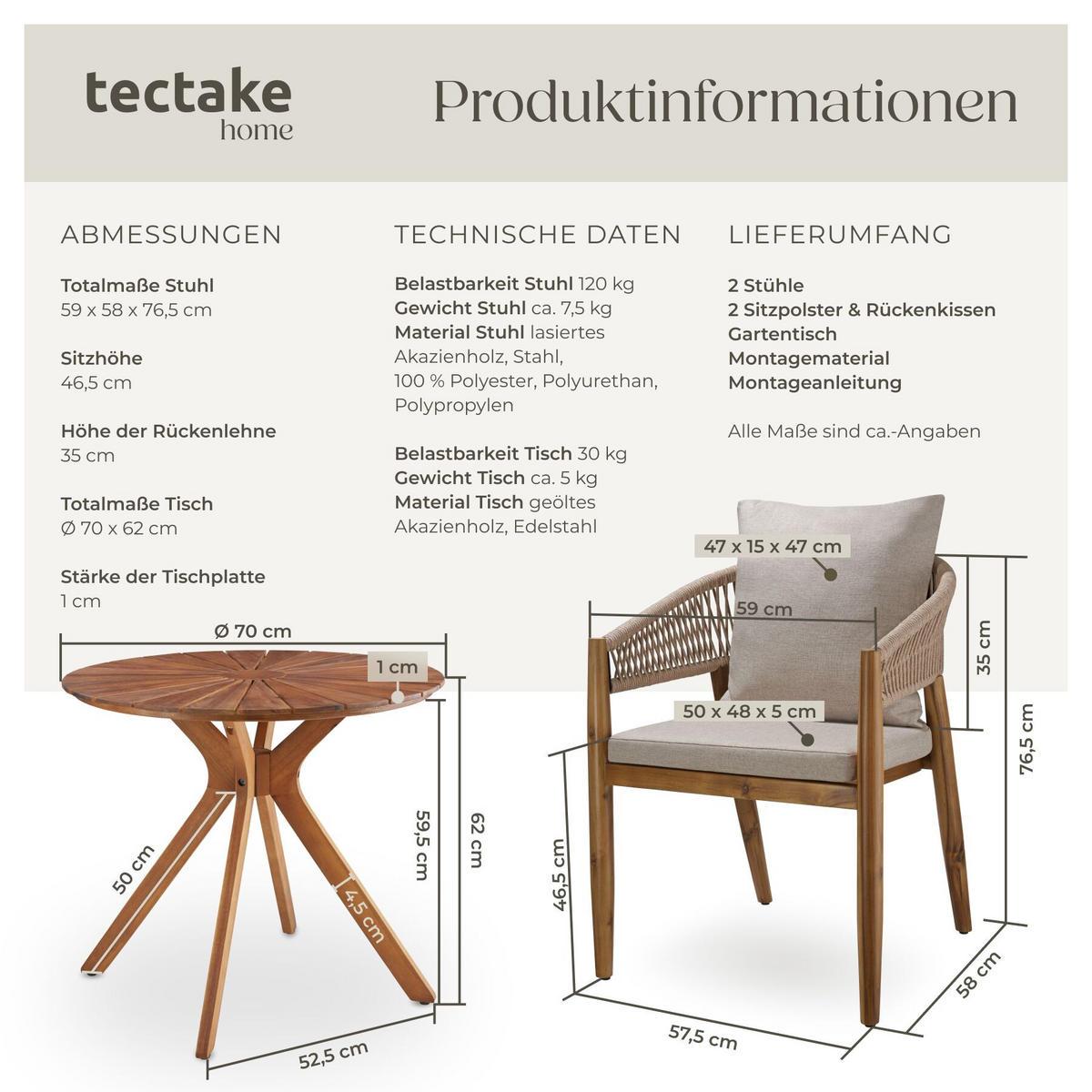 GARTENSET 3-teilig, höhenverstellbare Kunststofffüße, in Sandfarben - Sandfarben, Holz/Kunststoff - tectake
