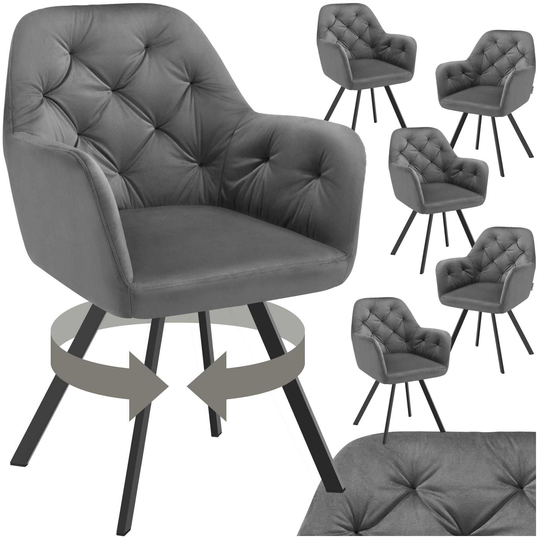 ARMLEHNSTUHL 6er Set drehbar Samt Lucia 58 x 58 x 87 cm, anthrazit - Anthrazit, Kunststoff (58/87/58cm) - tectake