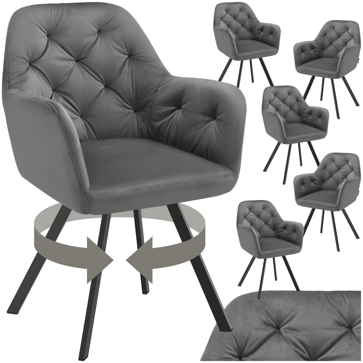 ARMLEHNSTUHL 6er Set drehbar Samt Lucia 58 x 58 x 87 cm, anthrazit - Anthrazit, Kunststoff (58/87/58cm) - tectake