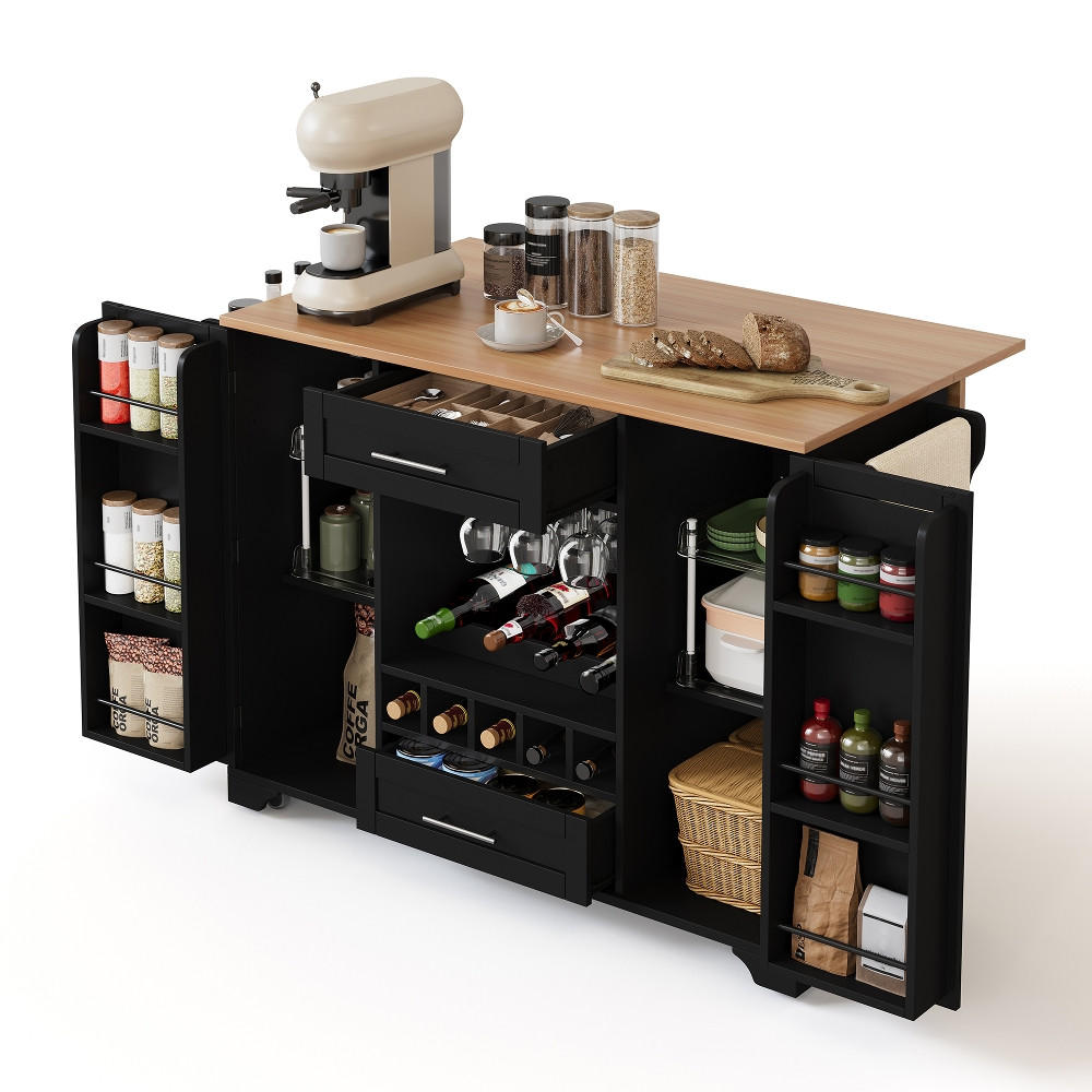 KÜCHENINSEL Küchenwagen KLAPPBARE ARBEITSPLATTE und WEINREGAL, Schwarz Holzoptik, mobile , 138/70/92 cm - Schwarz, Kunststoff (70/92/138cm) - Rolipo