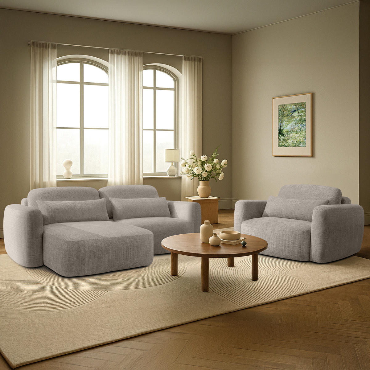 SITZGARNITUR ELOSA - Hellgrau, Holz/Textil (245/85/165cm) - KONSIMO®