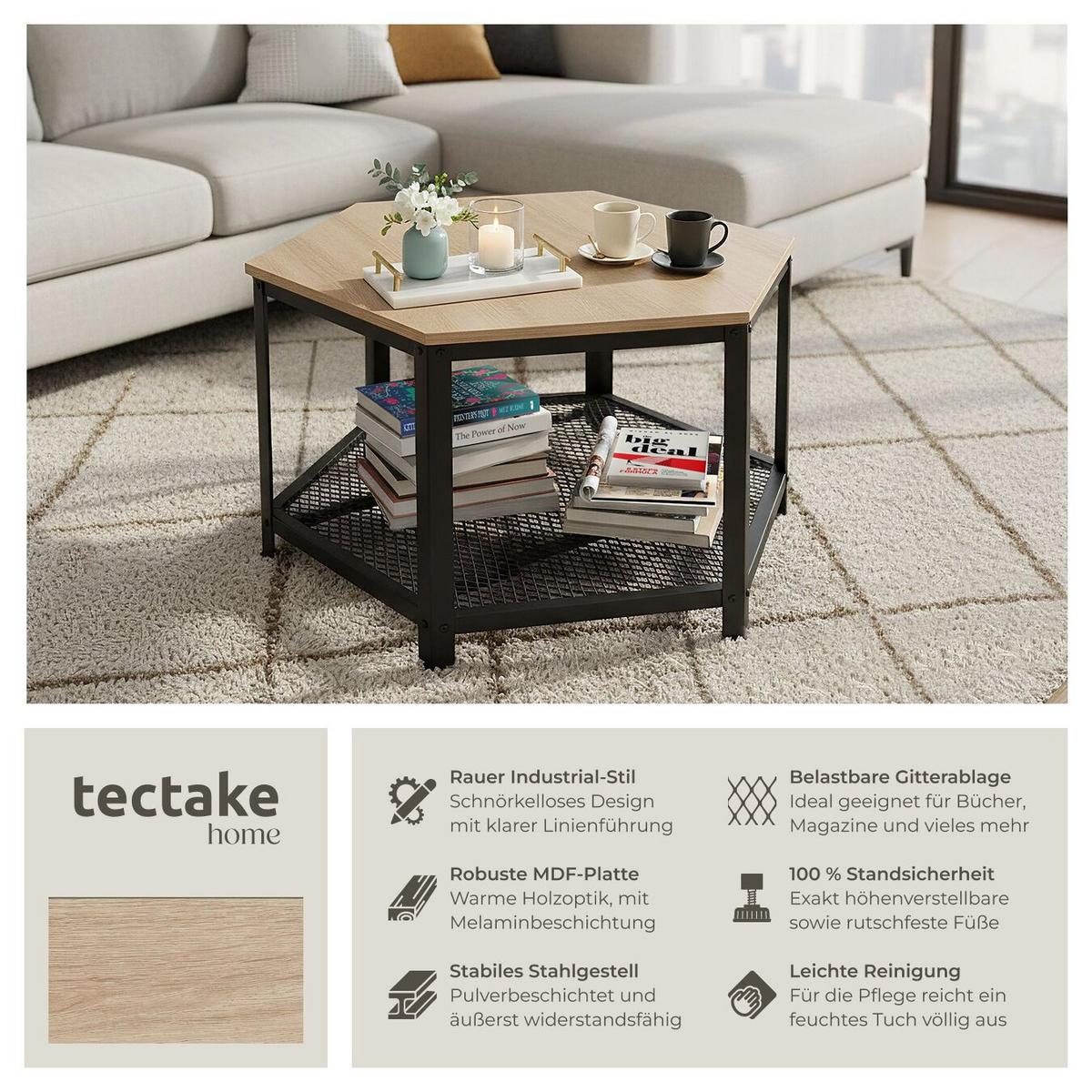 COUCHTISCH Norwich,86,5 x 75 x 46,5 cm,Industrial Holz hell, Eiche Sonoma - Naturfarben, Holz (75/86.5/46.5cm) - tectake