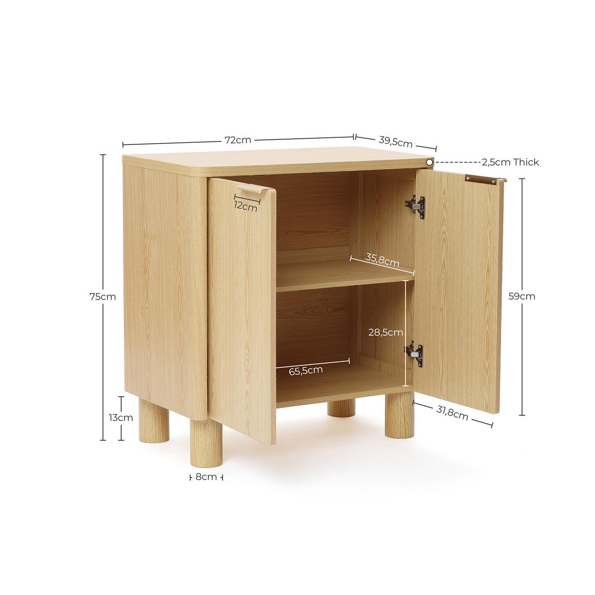 KOMMODE Modern, helles Holz mit 2 Türen | Vanity Unit, B72 x T39,5 x H75 cm - Eichefarben/Braun, Holz (72/75/39.5cm) - Hometopia