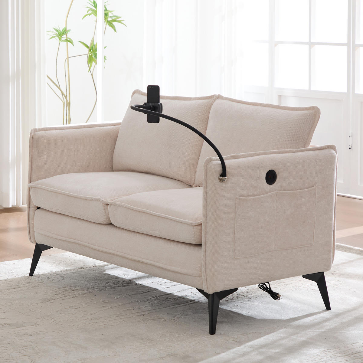 SOFA 2-Sitzer modernes Design mit Handy-Halterung Beige Chenille 127/69/66 cm - Beige, Textil (127/66/69cm) - OKWISH