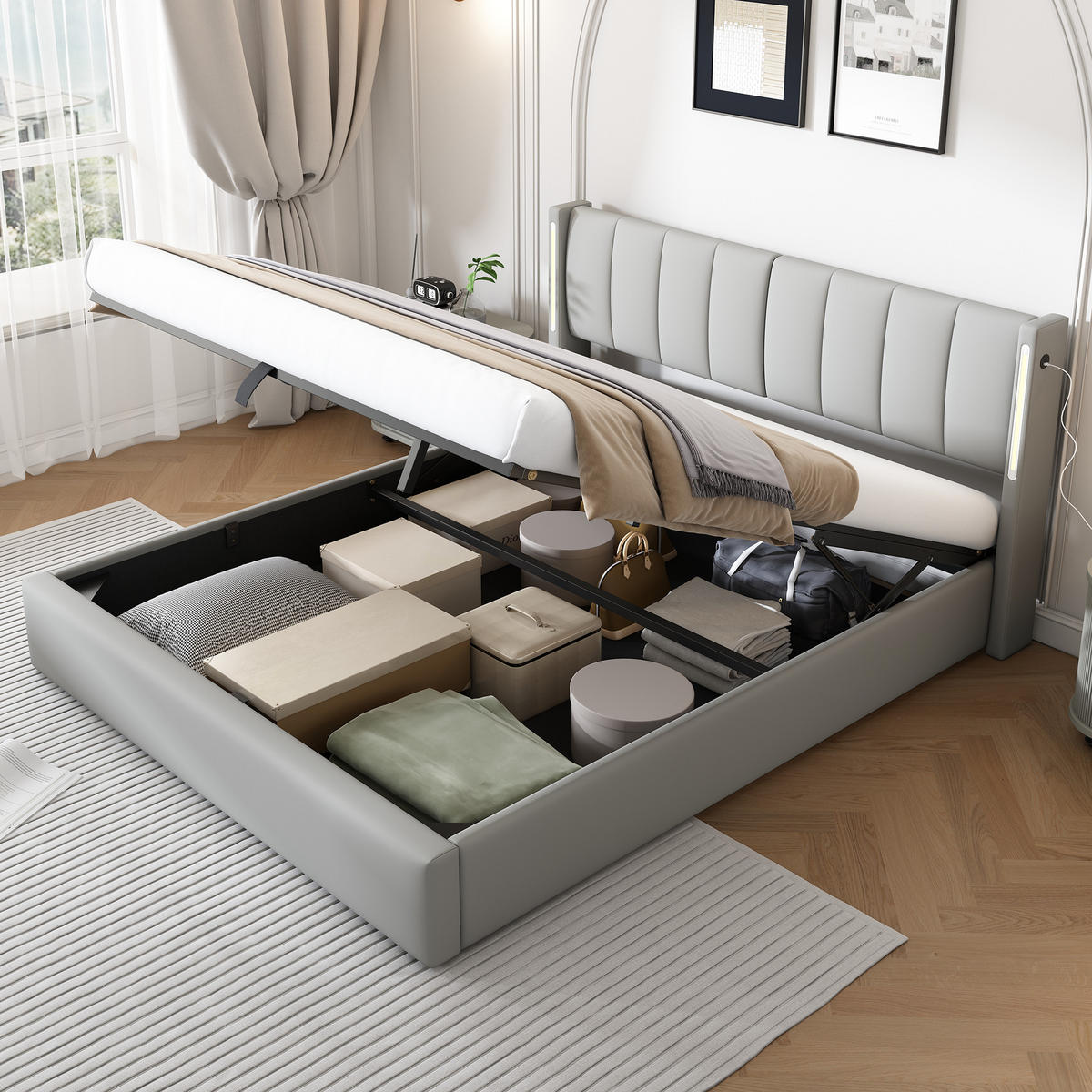 POLSTERBETT 140x200 LED Hydraulik USB Stauraum PU Grau - Grau, Leder (140/200cm) - FLIEKS