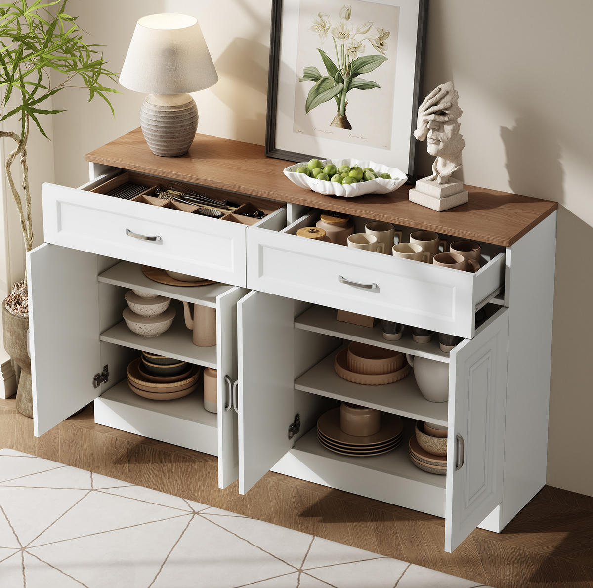 SIDEBOARD 120/35/80,5 cm mit 4 Türen & 2 Schubladen in Weiß und Holzoptik - Weiß, Holzwerkstoff (120/80.5/35cm) - BEAOK