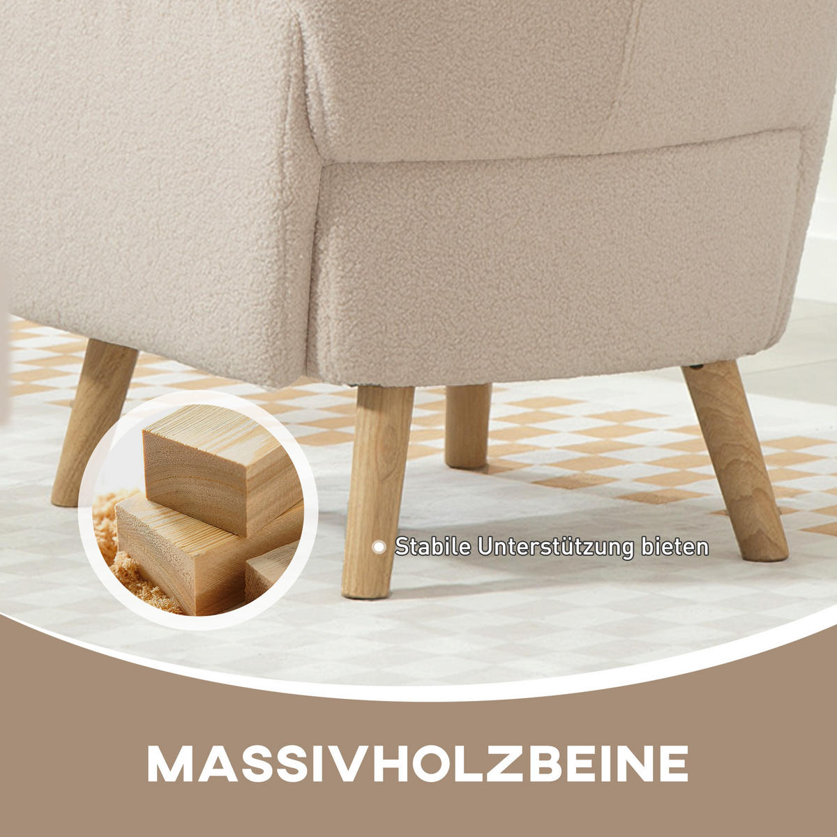 SESSEL DE-06847 mit Plüschbezug und Schaumstoffkissen, Ohrensessel Beige - Beige, Holz/Textil (72/106/77cm) - ComfortXL