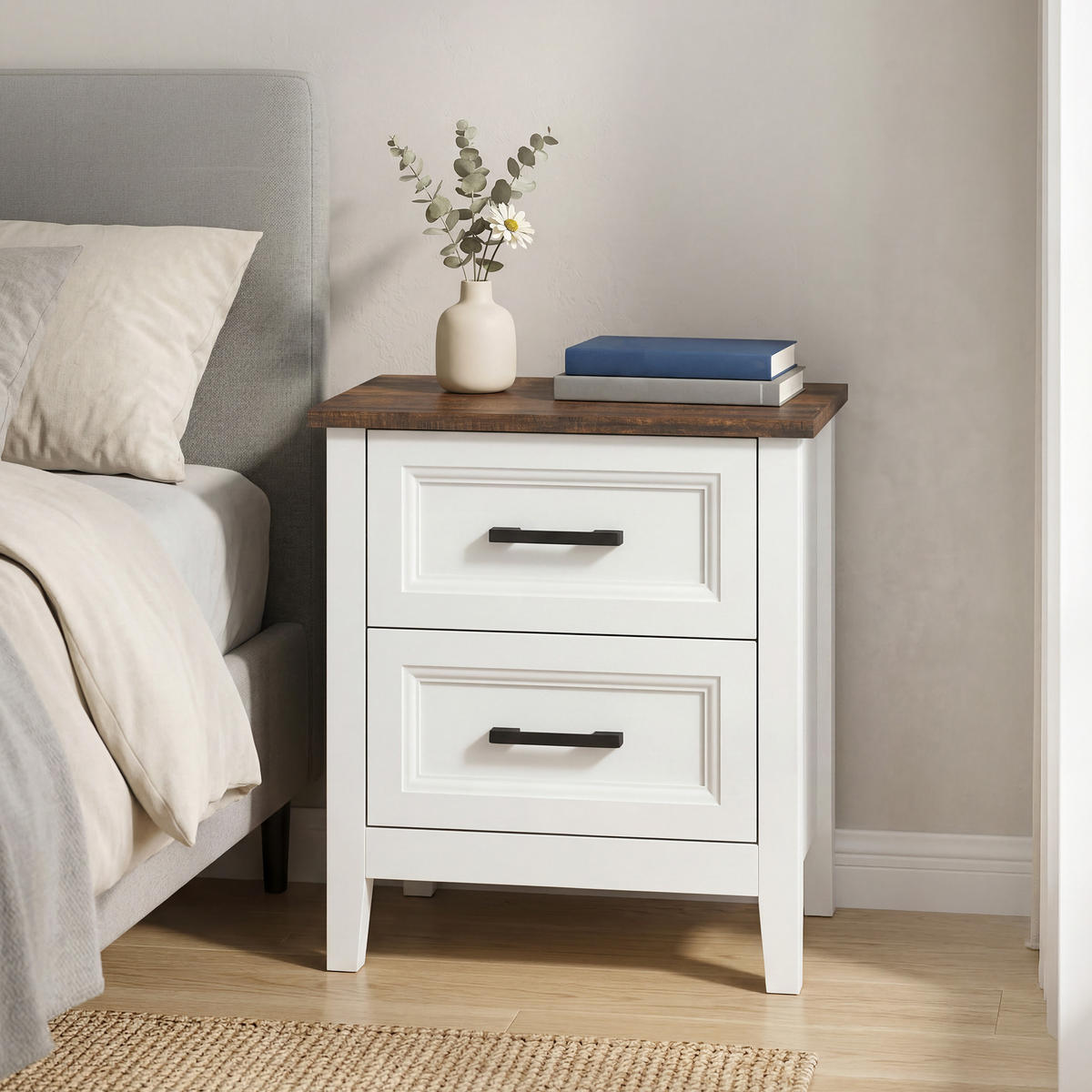 NACHTSCHRANK DE-12960 2 Schubladen, Landhausstil Weiß/Braun - Weiß, Holzwerkstoff (35/50/45cm) - ComfortXL