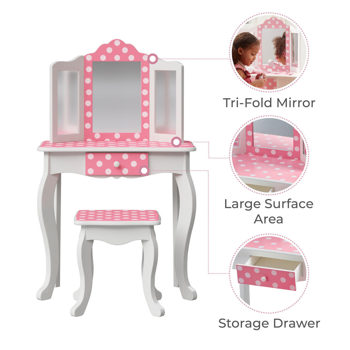 KINDER-SCHMINKTISCH mit Spiegel und Hocker Frisiertisch, Rosa/Weiß, 100cm - Weiß, Holzwerkstoff (30/100/60cm) - Teamson Kids