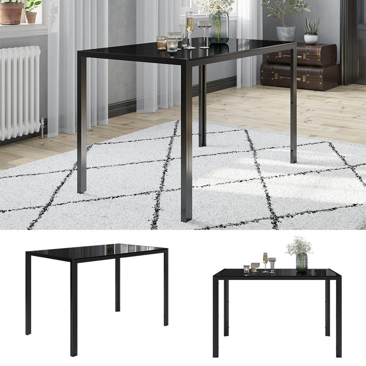 ESSTISCH Grand Schwarz 120 x 75 cm - Schwarz, Glas (70/120/75cm) - Vicco