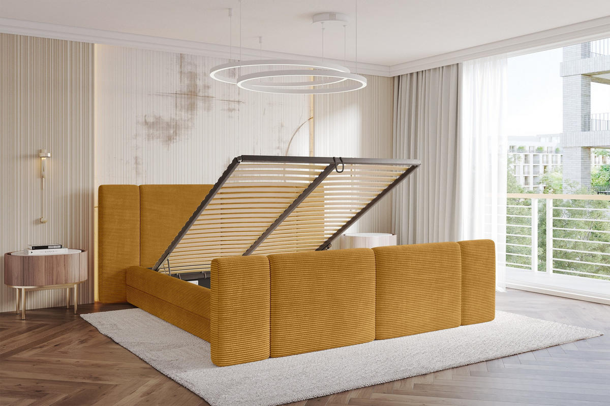 POLSTERBETT mit Bettkasten, Fußteil und Lattenrost, Boxbett ohne Matratze - TEVO-Z 160x200 Senfgelb - Gelb, Holzwerkstoff/Textil (160/200cm) - ALTDECOR